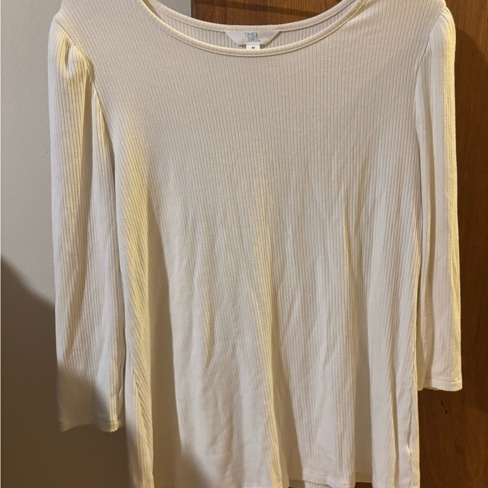 Time and Tru Ribbed White Puffed Sleeve Blouse Size Medium